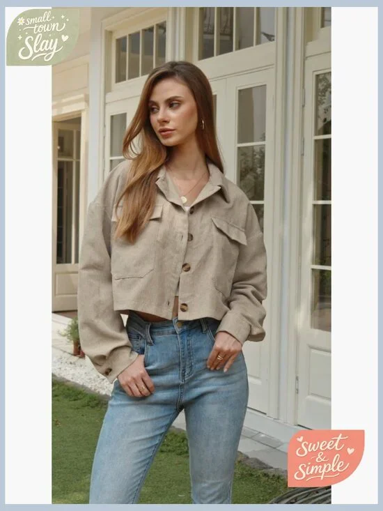 Corduroy Cropped Shacket Jacket Lightweight Long Sleeve Button Down - Picture 7 of 7